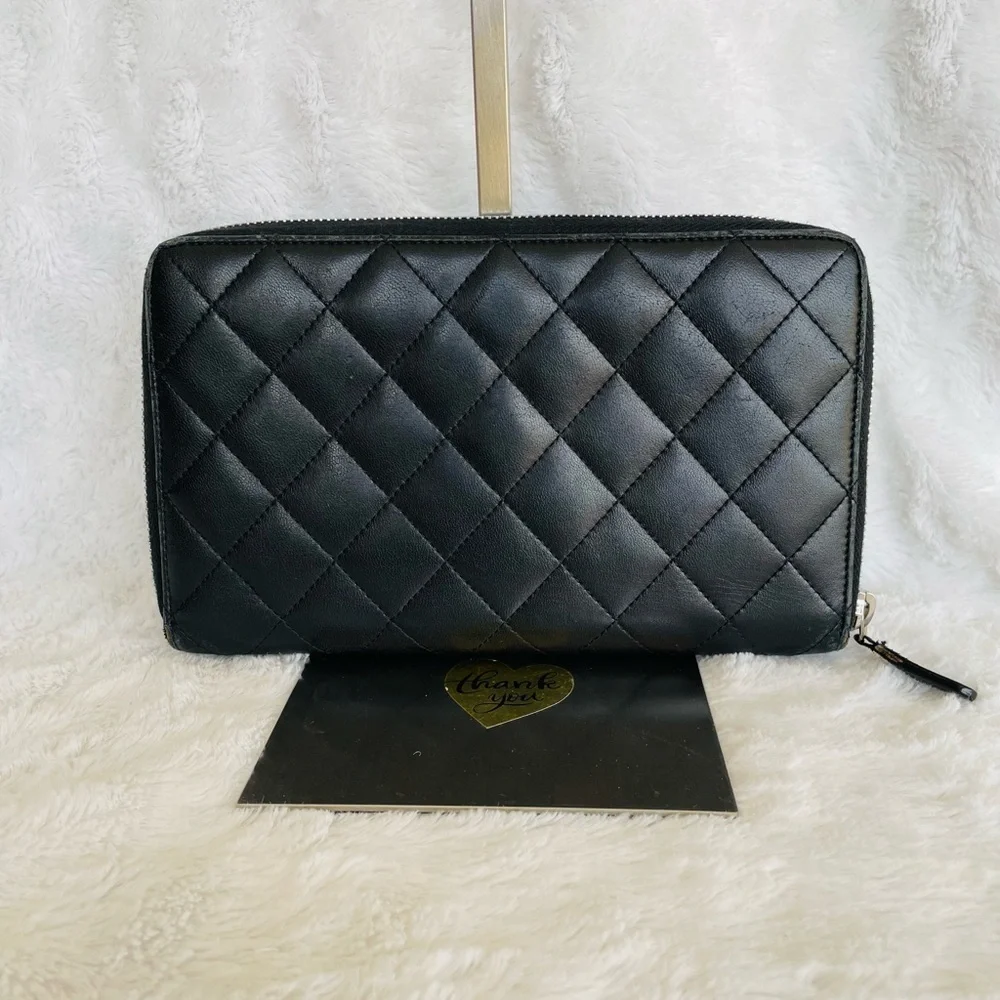 CHANEL Black Lambskin Quilted Leather  Zip around Wallet - Picture 2 of 16